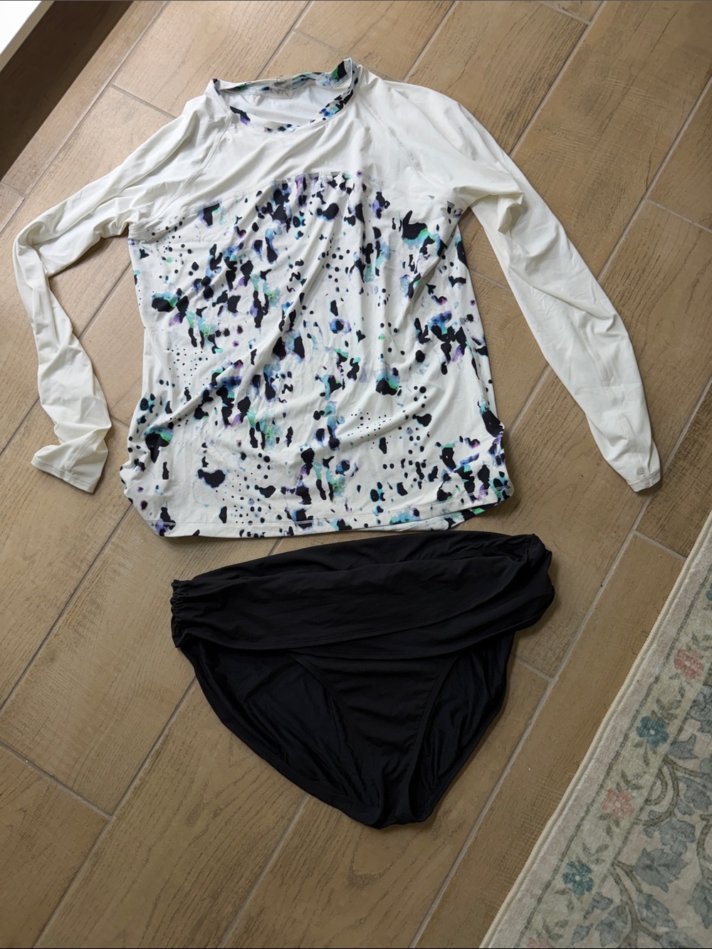 Long Sleeve Printed Rash Guard Swim Top with Black Bikini Bottoms